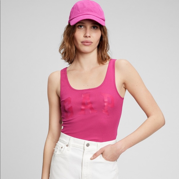 NWT Print Ribbed Gap Logo Tank Top Color: pink rose global large - Picture 1 of 2